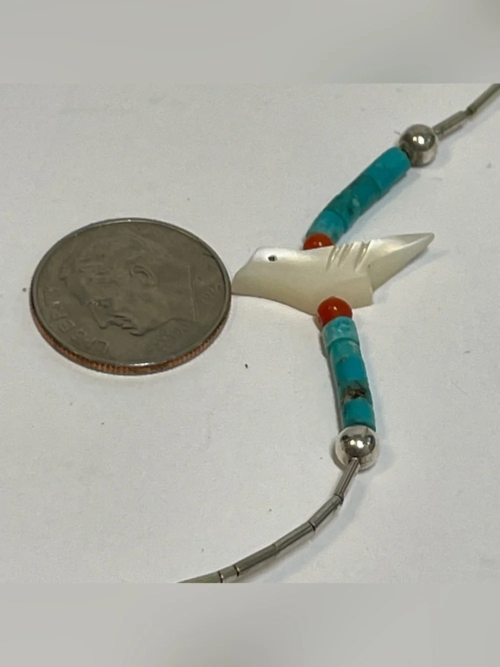Native American SW Style Silver, Turquoise  Coral Bird Necklace, 21”, 4.40g